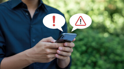 Smartphone displaying dual warning speech bubbles with red alert symbols in outdoor environment