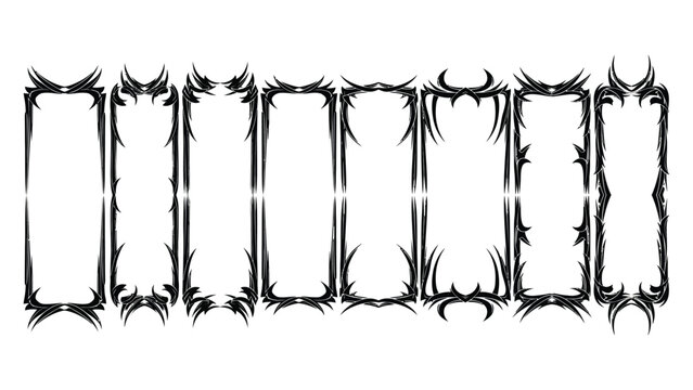 Set of eight decorative gothic-style vector frames with black, spiky, and thorny outlines, ideal for Halloween, horror, or fantasy designs. 
