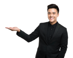 Positive young asian businessman smiling for portrait. Professional man making presenting gesture with open palm, showing empty space for product or an idea