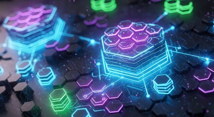 Vibrant neon hexagonal circuit board with glowing connections