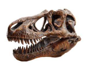 Ancient dinosaur skull fossil of powerful prehistoric predator. tyrannosaurus carnivore bone from paleontology study, showing intimidating detail on clean background