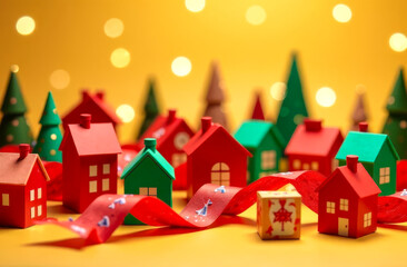 Colorful miniature houses, surrounded by festive decorations and red ribbons, create a cheerful holiday atmosphere with glowing lights in the orange background. Housing and private sector development