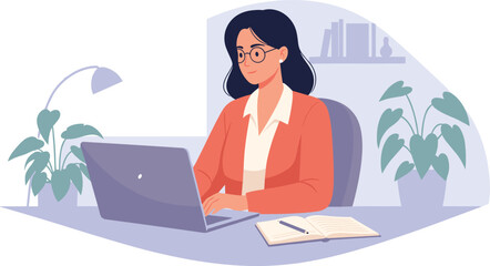 Woman Laptop Desk Plants Books Productive Remote Work Online Learning Home Office Vector Illustration