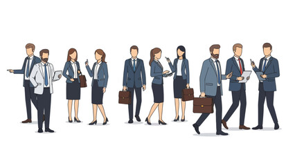 Businesspeople in formal attire engaging in various professional activities in a corporate