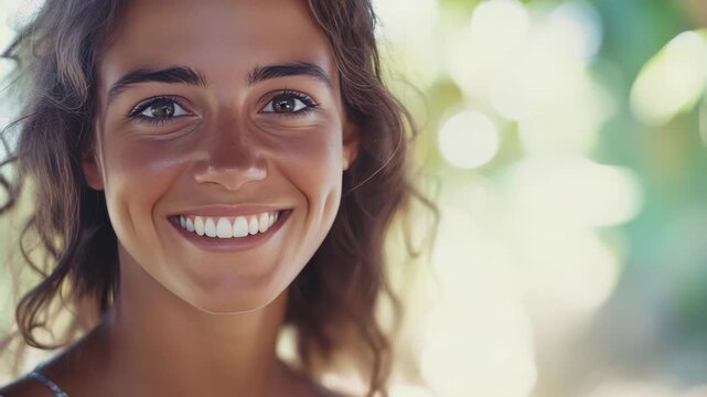 Happy young woman with a natural glow, outdoors in the sunlight. Perfect for vacation, healthy lifestyle, or summer ry.