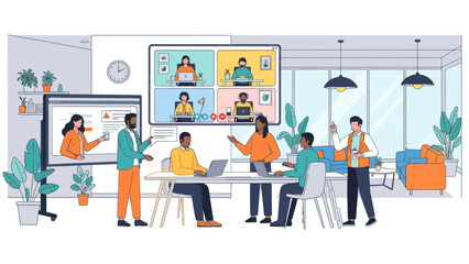 Modern office workspace with multiple employees collaborating and participating in a video