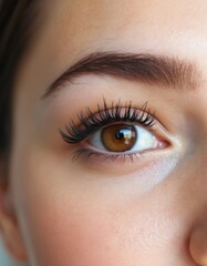 Obraz premium Macro view of brown eye with long lashes and neat eyebrow. Natural clear skin of young woman. Eye makeup detail, beauty and cosmetic concept. Perfect brow and lashes.
