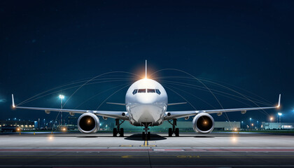 Fototapeta premium 航空機の正面構図に重ねたグローバル通信ネットワークの表現