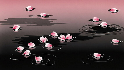 Abstract Modern Japanese Cherry Blossom Petals on Dark Water