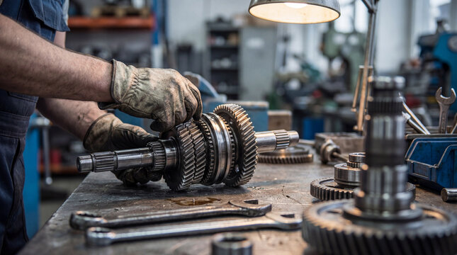 Mechanic assembling precision metal gears on steel workbench