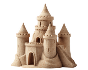 Creative sand castle object with tower and fort, playful symbol of summer vacation and beach fun. Straight side photo of structure isolated on transparency background