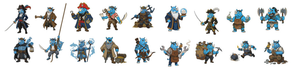 Complete Pirate Rhinoceros Crew Design Kit. Including Captain, Cook, Artist, and Treasure Hunter.