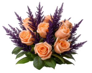 Soft wedding bouquet of pale peach rose and purple flower arrangement. An elegant and romantic floral gift for special celebration, beautiful and fresh decoration