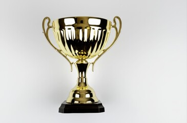 A gold cup with two handles on a black base that radiates brilliance against a neutral grayish-white background. It symbolizes success and achievements.