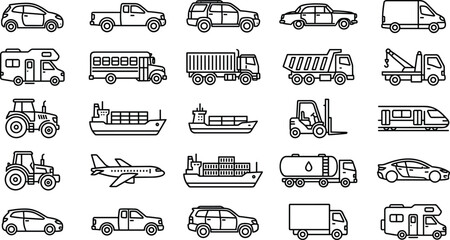Transportation and logistics vehicle line icons set including car, truck, bus, ship, airplane, tractor, and delivery van symbols. © Hasan Creatives