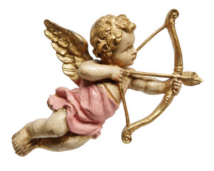 Gold cupid angel statue aiming bow and arrow romantic symbol of love. Antique cherub figure isolated, perfect for valentine day decoration or mythological art