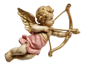 Gold cupid angel statue aiming bow and arrow romantic symbol of love. Antique cherub figure isolated, perfect for valentine day decoration or mythological art