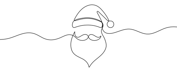 Santa Claus hat with beard and mustache in one line style. Vector graphics.