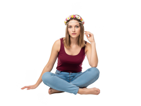 Young woman meditating with flower crown isolated on transparent background - Powered by Adobe