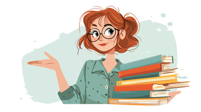 Happy Cartoon Librarian Recommending Books - Vector Illustration