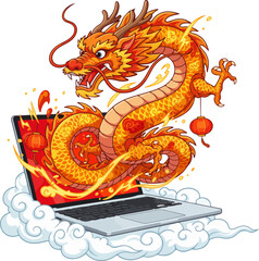 Chinese New Year Dragon Emerging from Laptop Vector Illustration