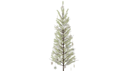 Isolated slender Christmas tree with ornaments and star topper for decoration or card