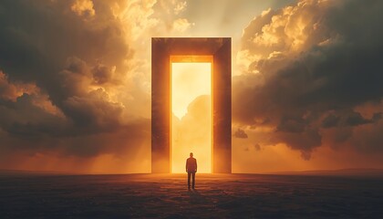 A lone person stands before a glowing rectangular portal under a fiery, dramatic sky