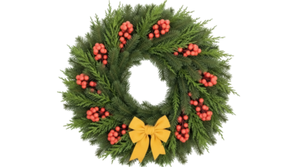 Isolated evergreen wreath decoration, orange berries, festive yellow bow for holiday season