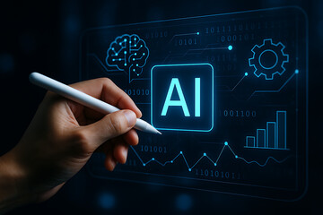 Creative hand drawing artificial intelligence concept on futuristic digital interface with data visualization and analytics