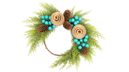 Isolated Christmas wreath, handcrafted with evergreen boughs, pine cones, and blue beads