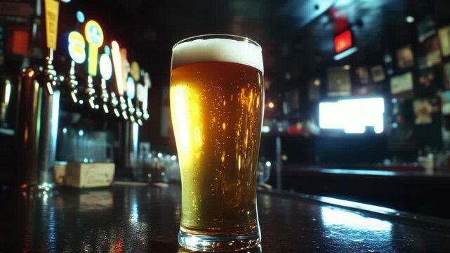 A glass of amber colored lager on a bar counter.