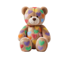 Cute colorful teddy bear toy with love heart pattern, perfect valentine gift. smiling plush animal expresses happy feelings of romance and friendship