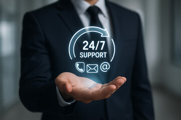 Customer support and service concept with glowing holographic 24 7 assistance icons for business help desk and reliable solutions