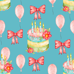 Watercolor birthday party pattern with cakes and balloons.