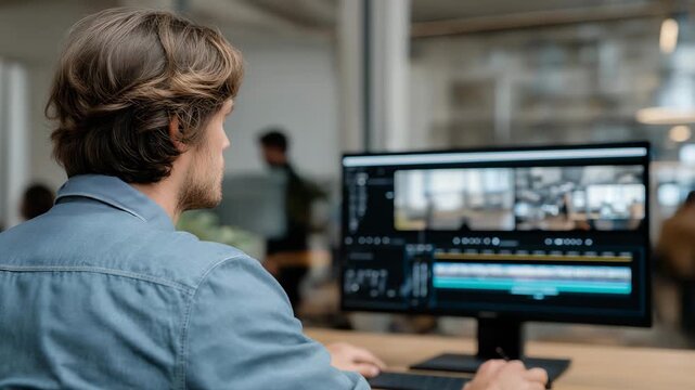 A behind-the-scenes filmmaker livestreaming a live edit session, timeline tracks sliding across a large monitor as viewers watch color grading and sound mixing in real time &mdash; creative