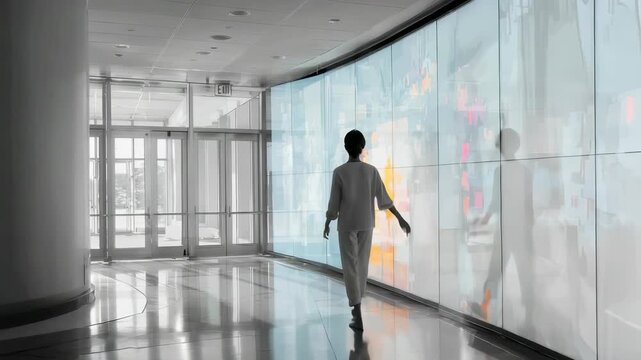 A silhouette stands in a sleek hallway, engaging with a vibrant interactive display wall. The environment merges minimalism, digital art, and contemporary business aesthetics for a dynamic effect