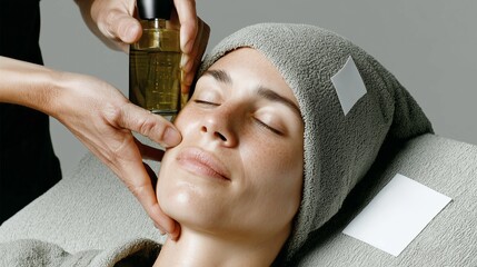 Naklejka premium Woman receiving facial treatment with oil in spa setting during daytime
