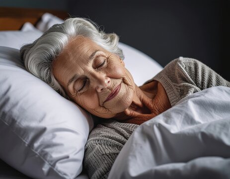 A serene elderly woman peacefully sleeping in a cozy bed, enveloped by soft pillows, radiating calmness and comfort.