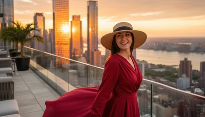 Fototapeta premium Smiling woman in a large sun hat and flowing red dress stands on a city skyscraper rooftop terrace at sunset overlooking New York