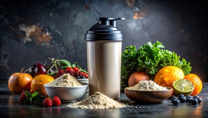 Protein shake bottle with fresh fruit, leafy green and powder, symbol of modern healthy lifestyle, gym nutrition trend and balanced breakfast habit in cool studio light