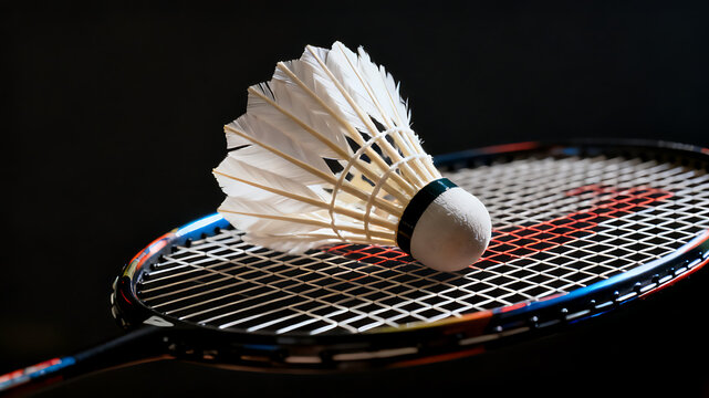 Close-up shot of a white feather shuttlecock placed on the grid-patterned strings of a colorful badminton racket. Dramatic lighting highlights textures against a dark backdrop. 