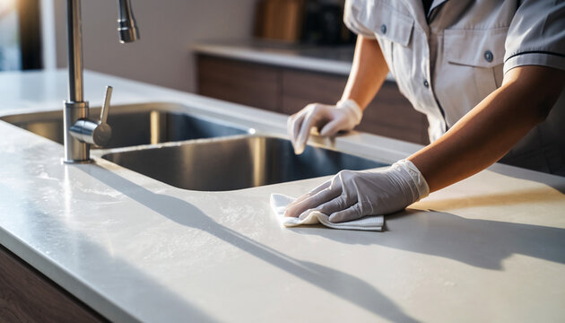 清潔なキッチンカウンターを丁寧に拭き上げる日本人清掃スタッフの手元