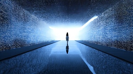 Human figure stepping into futuristic digital space with glowing data particles, representing digital transformation, technology, innovation, virtual environment, information flow, and future concept