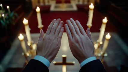 Hands clasped in prayer at a candlelit wedding ceremony in a chapel. A symbolic gesture of unity and faith.