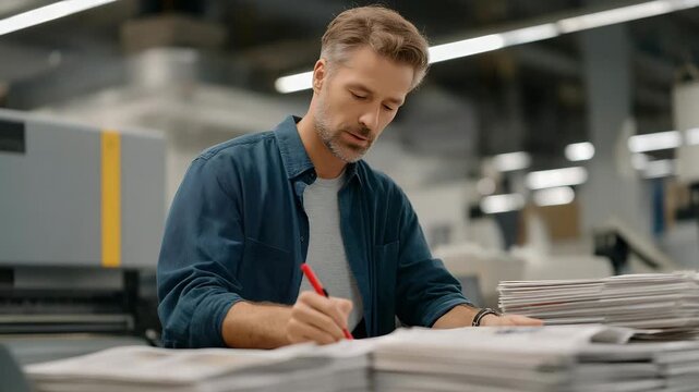 A newspaper editor marking up printed pages with a red pen while surrounded by buzzing printers, deadline clocks, and stacks of fresh editions &mdash; traditional newsroom editing, high-pressure