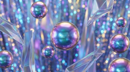 Iridescent spheres and shards of shattered glass or crystal suspended in space against a glittering bokeh background abstract futuristic texture pattern design