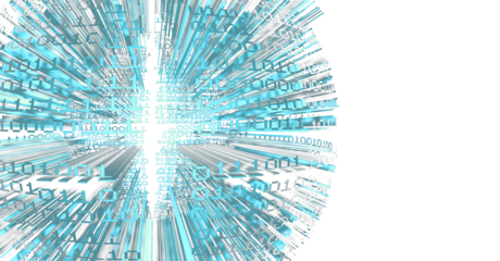 Dígitos binarios flotantes forman estructura tipo túnel en azul y negro, generando profundidad y movimiento.Vórtice de código binario representando expansión digital