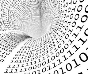 Dígitos binarios blancos giran en forma de túnel sobre fondo negro, creando profundidad y movimiento digital.inmersión en el ciberespacio, representando flujo de datos, conectividad y abstracción