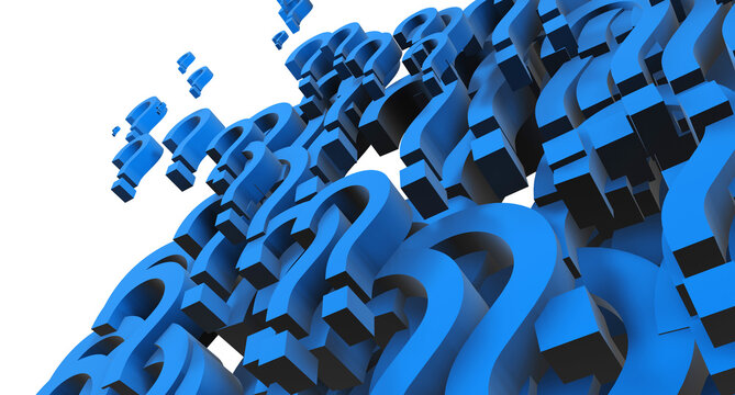 Numerosos signos de interrogaci&oacute;n azules en 3D giran en movimiento de t&uacute;nel sobre fondo transparente.curiosidad y flujo mental, representando duda, exploraci&oacute;n cognitiva e incertidumbre.