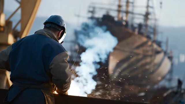 A ship engineer inspecting a steel hull in a dry dock, sparks flying from welding equipment as towering scaffolding surrounds the vessel &mdash; heavy maritime repair, industrial craftsmanship, and